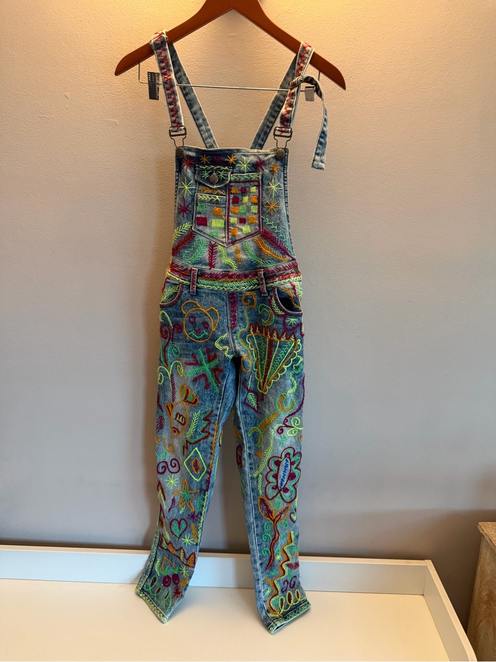 Custom Hand Embroidered Denim Overalls Light Wash Acid Jeans Neon Folk Art Style - Picture 1 of 11